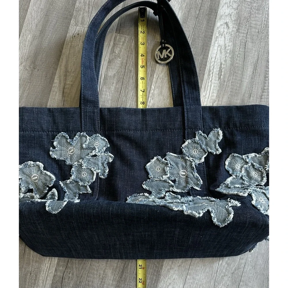 Michael Kors Denim Floral Appliqué Tote Bag Large Blue MK Shoulder Bag***RARE***